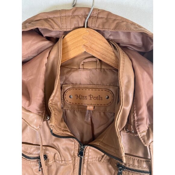 VTG Miss Posh Womens Size L Camel Vegan Faux Leather Zip Jacket Detachable Hood - Picture 3 of 13